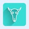 White line Buffalo skull icon isolated with long shadow. Green square button. Vector Illustration