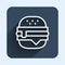 White line Burger icon isolated with long shadow background. Hamburger icon. Cheeseburger sandwich sign. Fast food menu