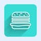 White line Burger icon isolated with long shadow. Hamburger icon. Cheeseburger sandwich sign. Fast food menu. Green