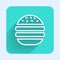 White line Burger icon isolated with long shadow. Hamburger icon. Cheeseburger sandwich sign. Fast food menu. Green