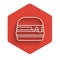 White line Burger icon isolated with long shadow. Hamburger icon. Cheeseburger sandwich sign. Fast food menu. Red