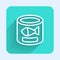 White line Canned fish icon isolated with long shadow. Green square button. Vector