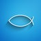 White line Christian fish symbol icon isolated on blue background. Jesus fish symbol. Long shadow