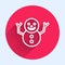 White line Christmas snowman icon isolated with long shadow. Merry Christmas and Happy New Year. Red circle button