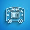 White line Circus wagon icon isolated on blue background. Circus trailer, wagon wheel. Long shadow. Vector