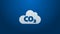 White line CO2 emissions in cloud icon isolated on blue background. Carbon dioxide formula, smog pollution concept