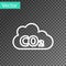 White line CO2 emissions in cloud icon isolated on transparent background. Carbon dioxide formula, smog pollution