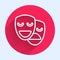 White line Comedy and tragedy theatrical masks icon isolated with long shadow. Red circle button. Vector
