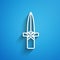 White line Dagger icon isolated on blue background. Knife icon. Sword with sharp blade. Long shadow. Vector