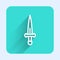 White line Dagger icon isolated with long shadow. Knife icon. Sword with sharp blade. Green square button. Vector