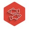 White line Dead fish icon isolated with long shadow. Red hexagon button. Vector