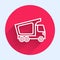 White line Delivery cargo truck vehicle icon isolated with long shadow background. Red circle button. Vector