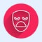 White line Drama theatrical mask icon isolated with long shadow. Red circle button. Vector