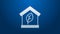 White line Eco friendly house icon isolated on blue background. Eco house with leaf. 4K Video motion graphic animation