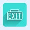 White line Exit icon isolated with long shadow. Fire emergency icon. Green square button. Vector
