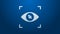 White line Eye scan icon isolated on blue background. Scanning eye. Security check symbol. Cyber eye sign. 4K Video