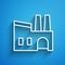 White line Factory icon isolated on blue background. Industrial building. Long shadow. Vector