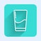 White line Glass with water icon isolated with long shadow. Soda glass. Green square button. Vector Illustration