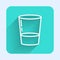 White line Glass with water icon isolated with long shadow. Soda glass. Green square button. Vector Illustration