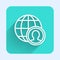 White line Globe and people icon isolated with long shadow. Global business symbol. Social network icon. Green square