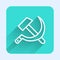 White line Hammer and sickle USSR icon isolated with long shadow. Symbol Soviet Union. Green square button. Vector