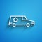White line Hearse car icon isolated on blue background. Long shadow. Vector