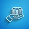 White line House in hand icon isolated on blue background. Insurance concept. Security, safety, protection, protect