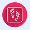 White line Human footprint icon isolated with long shadow. Trace of human foot. Red circle button. Vector