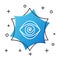 White line Hypnosis icon isolated on white background. Human eye with spiral hypnotic iris. Blue hexagon button