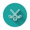 White line Ice hockey sticks and puck icon isolated with long shadow. Game start. Green circle button. Vector