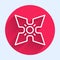 White line Japanese ninja shuriken icon isolated with long shadow. Red circle button. Vector