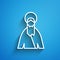 White line Jesus Christ icon isolated on blue background. Long shadow