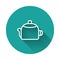 White line Kettle with handle icon isolated with long shadow. Teapot icon. Green circle button. Vector