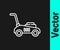 White line Lawn mower icon isolated on black background. Lawn mower cutting grass. Vector Illustration