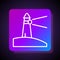 White line Lighthouse icon isolated on black background. Square color button. Vector