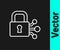 White line Lock with bitcoin icon isolated on black background. Cryptocurrency mining, blockchain technology, security