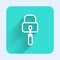 White line Lockpicks or lock picks for lock picking icon isolated with long shadow. Green square button. Vector