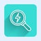 White line Magnifying glass with lightning bolt icon isolated with long shadow. Flash sign. Charge flash. Thunder bolt