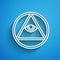 White line Masons symbol All-seeing eye of God icon isolated on blue background. The eye of Providence in the triangle
