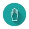 White line Medical rubber gloves icon isolated with long shadow. Protective rubber gloves. Green circle button. Vector
