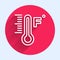 White line Meteorology thermometer measuring heat and cold icon isolated with long shadow. Temperature Fahrenheit. Red