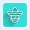 White line Mexican man wearing sombrero icon isolated with long shadow. Hispanic man with a mustache. Green square