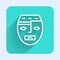 White line Mexican mayan or aztec mask icon isolated with long shadow. Green square button. Vector