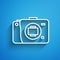 White line Mirrorless camera icon isolated on blue background. Foto camera icon. Long shadow