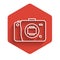 White line Mirrorless camera icon isolated with long shadow. Foto camera icon. Red hexagon button. Vector Illustration.