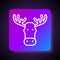 White line Moose head with horns icon isolated on black background. Square color button. Vector
