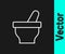 White line Mortar and pestle icon isolated on black background. Vector