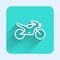 White line Motorcycle icon isolated with long shadow. Green square button. Vector Illustration