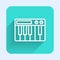 White line Music synthesizer icon isolated with long shadow. Electronic piano. Green square button. Vector