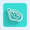 White line Mussel icon isolated with long shadow. Fresh delicious seafood. Green square button. Vector